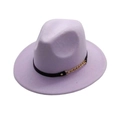Detail of light purple fedora hat with elegant black band and golden chain accents - One Size / Light Purple