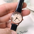 Elegant ladies quartz watch with rose gold case, cream Roman dial and black leather strap - Black