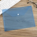 Blue translucent A4 plastic file folder with white snap button on a wooden desk - 18 Microns Blue Plain