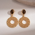 Vintage gold hollow grid round earrings with tiger eye stone and silver pins for women - Gold