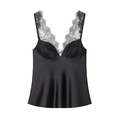Elegant black lace trim satin camisole top with v-neck and ruffled hem on white background - XS / Black