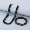 Polished black stainless steel Cuban chain necklace and bracelet set in Miami hip-hop style - 12mm Bracelet (21cm) / Black