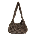 Brown checkered plush shoulder bag in minimalist hobo style for women with soft texture - Checkerboard Tote Bag / Coffee