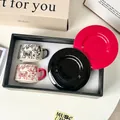 Retro Toile de Jouy ceramic coffee cup and saucer gift set with deer pattern - Double Cup Set / Black + Red Gift Set