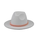 Detail of white wool felt boater hat with a stylish pink thick resin chain band - White (15)