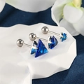 Three sizes of triangular blue crystal stud earrings with screw backs on a white display - Medium (7mm) / Silver-Blue