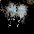 Exquisite white feather earrings with blue flowers and sparkling rhinestone crosses - Blue Flower Cross Tassel Style (15# Silver Earring Post-Silver-Blue)