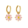 Detail of gold hoop earrings with pink enamel daisy pendants and yellow centers - Type D Pink