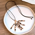 Detailed close-up of Zen style tassel necklace with mixed beads and silver metal accents - 6# Wax Cord Natural Stone Beaded Pendant Necklace