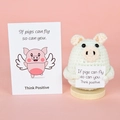 Handmade crochet light green pig doll with pink ears holding positive message on wood base - Cute Pig with Card and Base