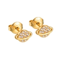 Macro shot of gold planet stud earrings with white rhinestones and S. Steel engraving - Planet
