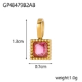 Detailed view of square pink zircon pendant with gold beaded edges and size measurements - Light Pink