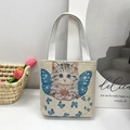 Beige canvas tote bag featuring an embroidered cat with blue butterfly wings design - Style 12-Cat Butterfly