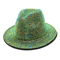 Close-up of green and gold gradient rhinestones on a handmade fedora stage hat - M (56-58cm) / Green Gold Gradient
