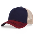 Detail of navy and burgundy baseball cap showing breathable mesh and blue wavy stitching - Navy and Red