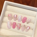 Handmade pink tulip press-on nails with glitter gradients and delicate flower art - Large (L) / 1637 Short Oval