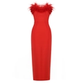 Elegantes rotes Schlauchkleid mit schmaler Silhouette und Details aus Straußenfedern am Ausschnitt - S / Kleider / Rot