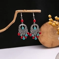 Detail view of Bohemian earrings with silver filigree and dangling turquoise beads - E1553-2 Red Blue Hollow Ring