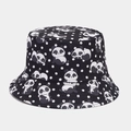 Close-up of cute panda and white polka dot prints on a black cotton bucket hat - M (56-58cm) / Black