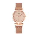 Primo piano dell'orologio in maglia oro rosa con quadrante a rilievo e indici chiari - Orologio Oro Rosa Singolo