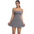 Detail view of the side slit on a gray backless tennis dress with moisture-wicking fabric - Dark Gray