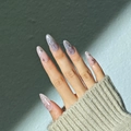 Elegant almond-shaped press-on nails in nude pink and grey-purple with silver glitter stars - Glue Type / Starry Nude Pink Grey (Y-491)