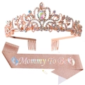 Pink glitter Mommy To Be sash set with rose gold rhinestone crown for baby shower - Rose Gold AB Rhinestone Crown + Rose Gold Rainbow Sash
