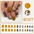 Press-on nail set in ginger yellow and grey with vintage floral patterns and glossy finish - Vintage Floral Style (W1477/Includes Glue)