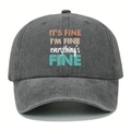 Detailed texture of grey washed denim baseball cap with colorful fine slogan print - Gray