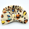 Leopard print coral fleece headband with a decorative bow for washing face and makeup - Colorful Dot Leopard