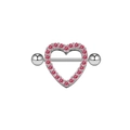 Close-up of silver stainless steel heart nipple shield with pink gemstone inlay detail - #14 Heart Pink Gem