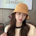 Straw bucket hat in mustard yellow with black scalloped lace trim for women - L (54cm-58cm) / Coffee