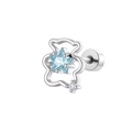 Silver bear stud earring featuring a light blue star zircon and clear round gemstone - Light Blue