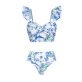 Set bikini due pezzi con stampa tropicale, spalline a volant e slip a vita alta - S / Bikini Due Pezzi