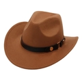 Detailed view of the brown felt cowboy hat with leather band and metal buckle accessory - One Size (57cm) / Khaki