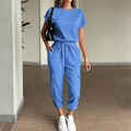 Women's casual two-piece set featuring blue short sleeve T-shirt and drawstring cargo pants - Blue