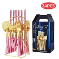 24-piece pink and gold stainless steel cutlery set with storage rack in premium gift box - 24-Piece Set / Pink Gold