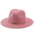 Detail of pink straw sun hat with woven texture and gold leather buckle strap - M (56-58cm) / Pink