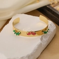 Gold open cuff bracelet with red and green marquise zircons on artistic stone base - Red And Green Floral Style (31693)