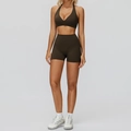 Completo yoga verde oliva con reggiseno sportivo allacciato al collo e pantaloncini a vita alta - S / Reggiseno+Pantaloncini-Caffè Scuro