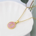 Gold stainless steel necklace with pink shell round pendant featuring letter X - Pink-X