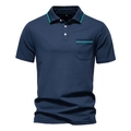 Navy short-sleeved polo shirt with teal stripe collar and piqué mesh fabric texture - Navy Blue