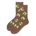 Brown mid-calf college style socks featuring fluorescent green CRASH letter pattern - One Size (EU 35-39) / Fluorescent Alphabet