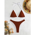 Detailed flat lay of caramel textured triangle bikini with white contrast binding and ties - S / Chestnut