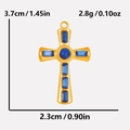 Detailed view of a gold stainless steel cross pendant with inset blue crystals and dimensions - Gold-Dark Blue Rhinestone