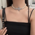Elegant pearl choker necklace featuring a sparkling silver cross pendant for women - 104#X4818 (Artificial Pearl Cross Choker)