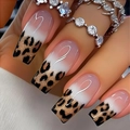Long square leopard print press-on nails with golden glitter and white ombre design - Leopard Print Silver Wire Pink Gradient Coffin Style (AW320)