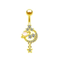 Detail of gold belly ring with crescent moon star and opal stone on white background - Gold Moon Planet