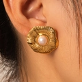 French vintage style gold pleated flower stud earrings with center white pearl detail - Gold Petal Faux Pearl Vintage Studs (BJGE0741)