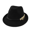 Chapeau fedora classique en laine noire avec détail élégant de feuille dorée en métal - Noir